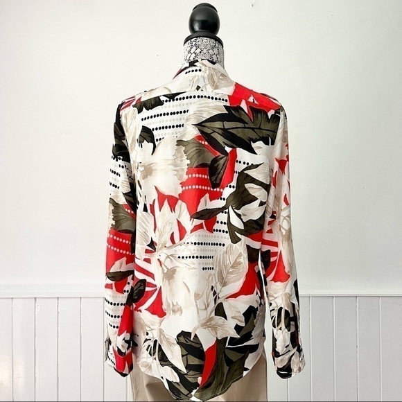 Calvin Klein Tropical Print Round Split Neck Roll Tab Long Sleeve Blouse Size M - Picture 6 of 16
